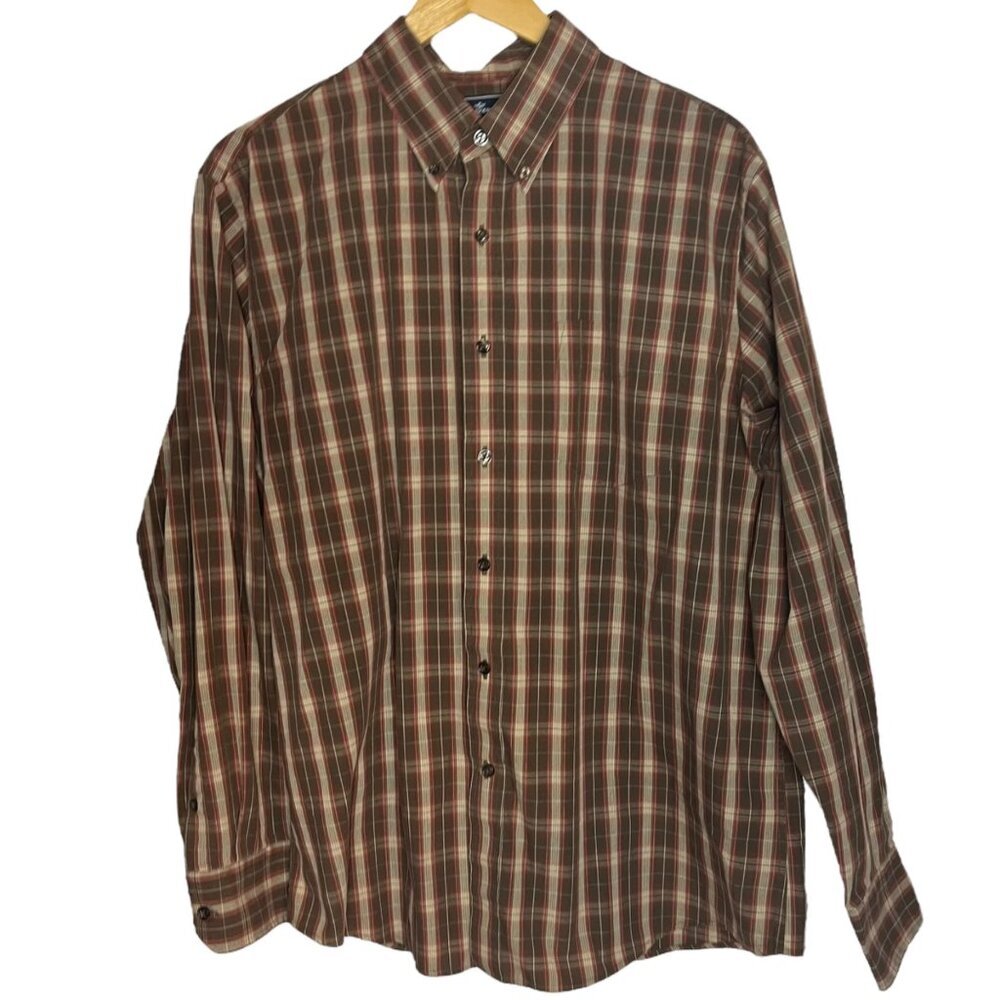 Dockers Mens L Brown Check Button Down Long Sleeve Shirt Red Tan Plaid Casual